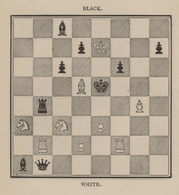 A chess problem engraved in an old book, printed on cream paper with hatched dark squares and the words BLACK above the board and WHITE below it.